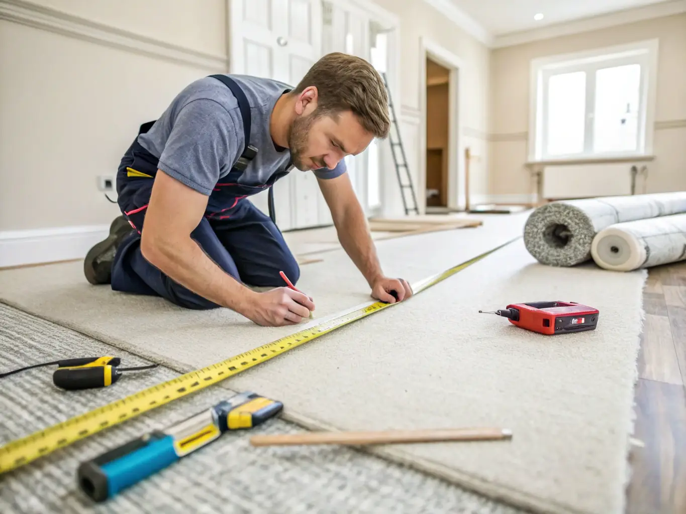 A Stretch Ceilings master taking measurements in a customer's living room, using professional tools to ensure accuracy.