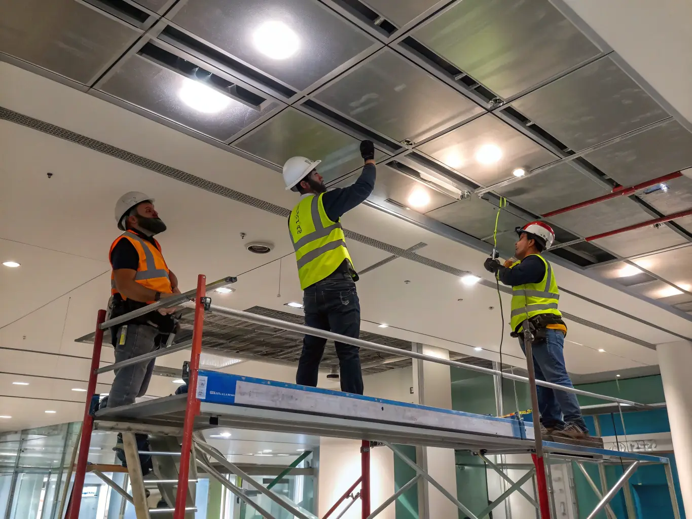 A team of Stretch Ceilings installers working diligently to install a stretch ceiling in a home, showcasing their expertise and efficiency.